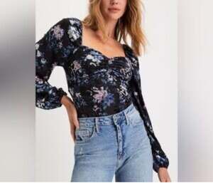 Lulus Black Blue Floral Puff Sleeve Bodysuit Medium Romantic Going Out Top